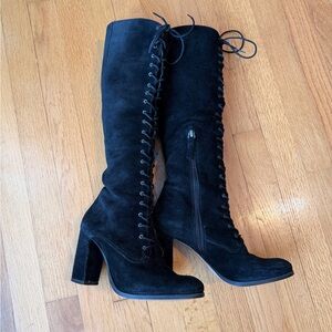 Sexy Black Suede Knee-High Lace-Up Boots side zip 7.5 M